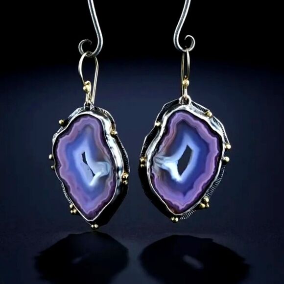 Stylish Drop Earrings Gold Plated Irregular Faux Purple Stone Pendant - Picture 2 of 6